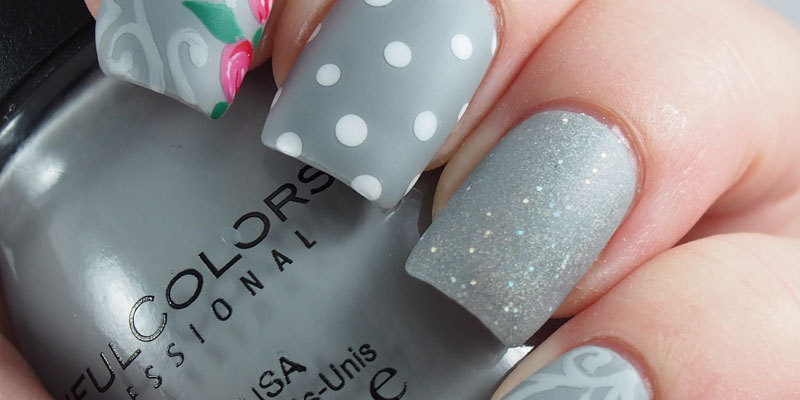Gray mani with floral accent