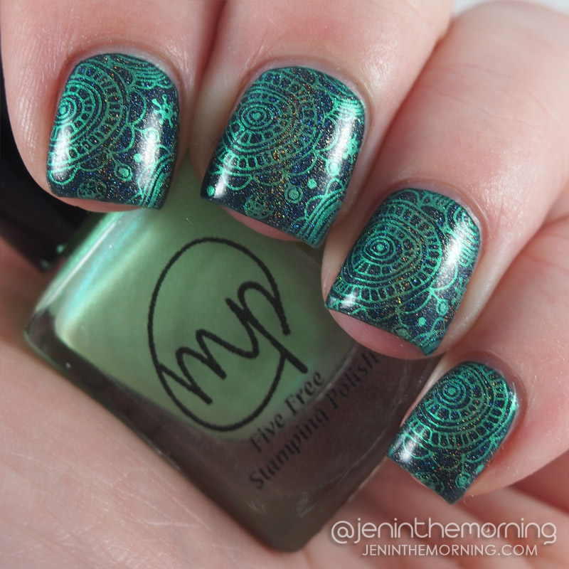 M Polish - Bells of Ireland stamped over Sonia Kashuk - Tumultuous Teal + Chirality Holographic Topcoat