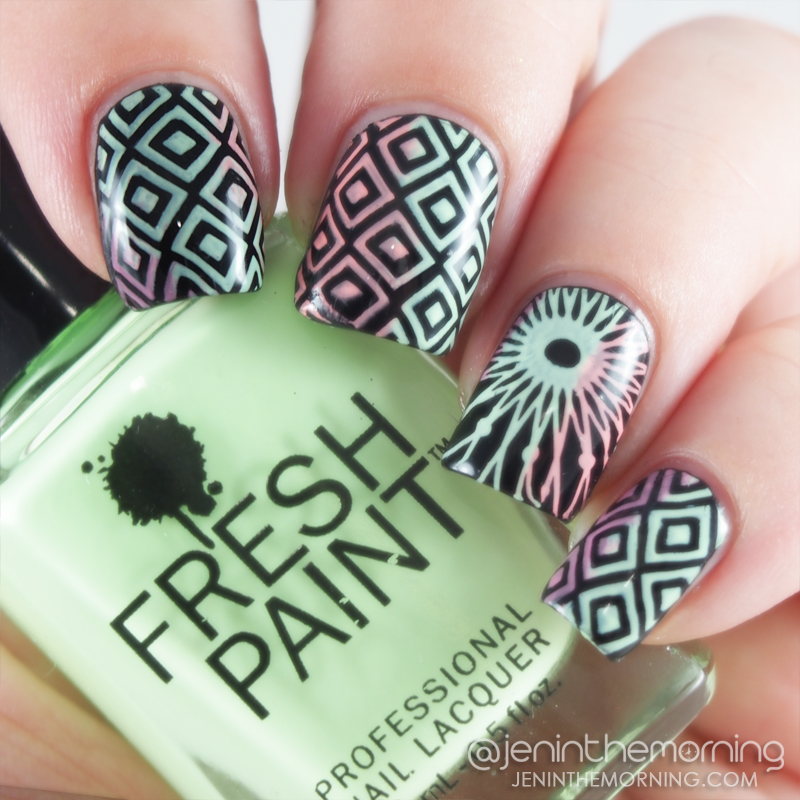 Sinful Colors - Black on Black stamped with China Glaze - Float On, Color Club - East Austin, Fresh Paint - Honeydew Melon and Pet'la - Peacock