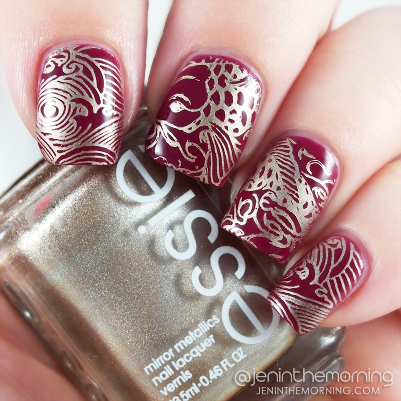 e.l.f - Raspberry Sorbet stamped with Essie - Good as Gold and Pet'la - Rising Sun