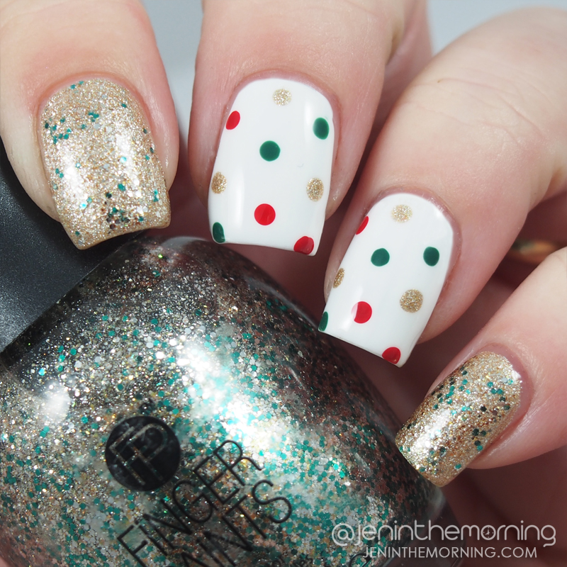 Holiday dotticure featuring polishes by OPI, Sally Hansen, Zoya, Fingerpaints and Barielle