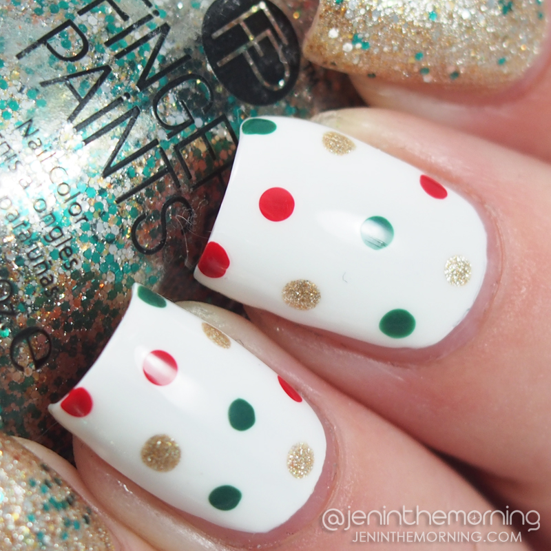 Holiday dotticure featuring polishes by OPI, Sally Hansen, Zoya, Fingerpaints and Barielle