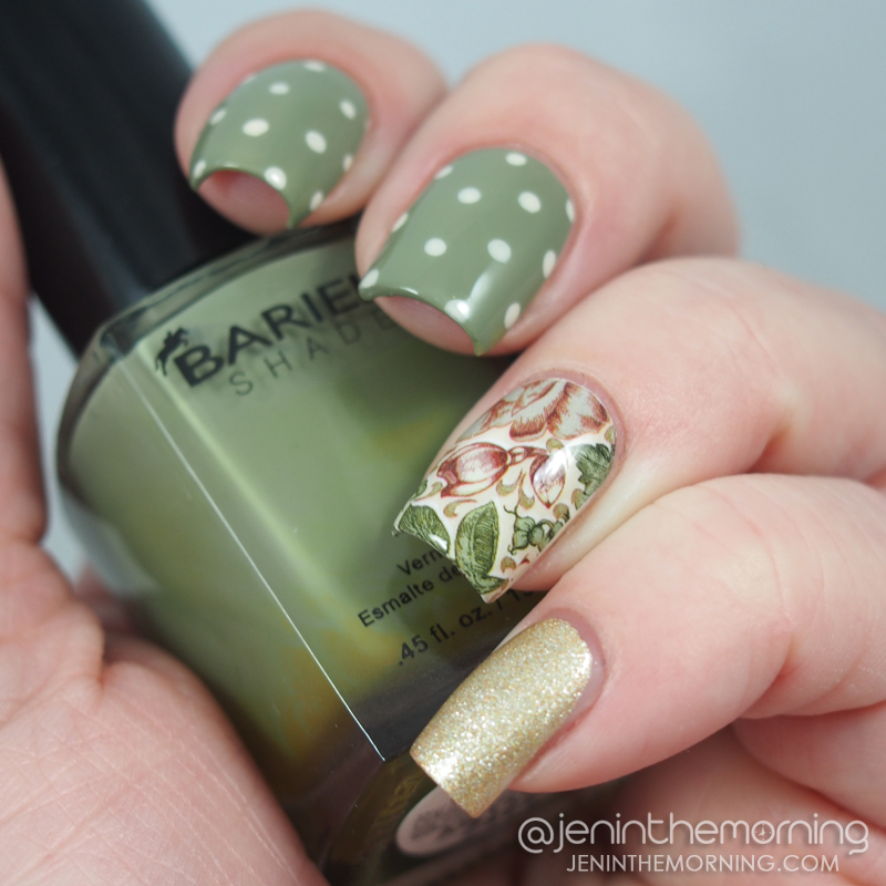 Green shabby chic mani with water slide decal accent