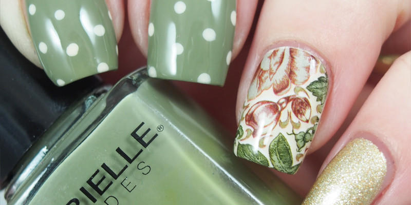 Green shabby chic mani with water slide decal accent