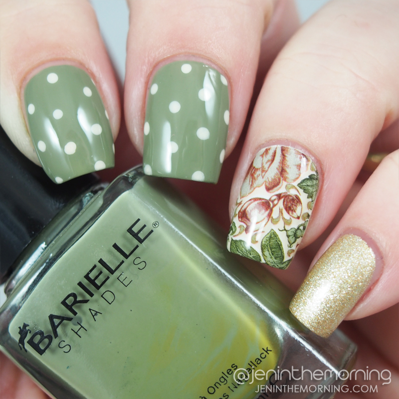 Green shabby chic mani with water slide decal accent