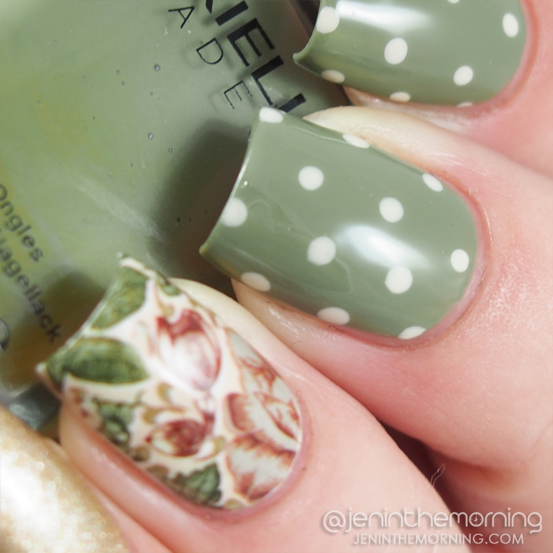 Green shabby chic mani with water slide decal accent