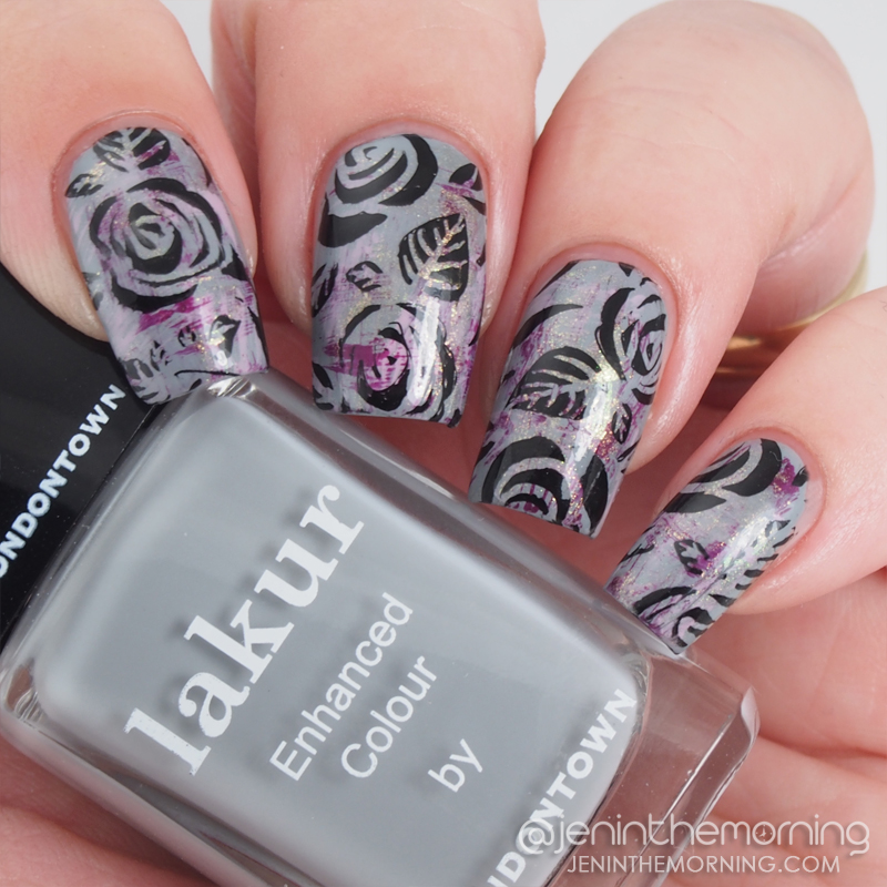 Stamped manicure featuring Londontown Lakur in Earl Grey